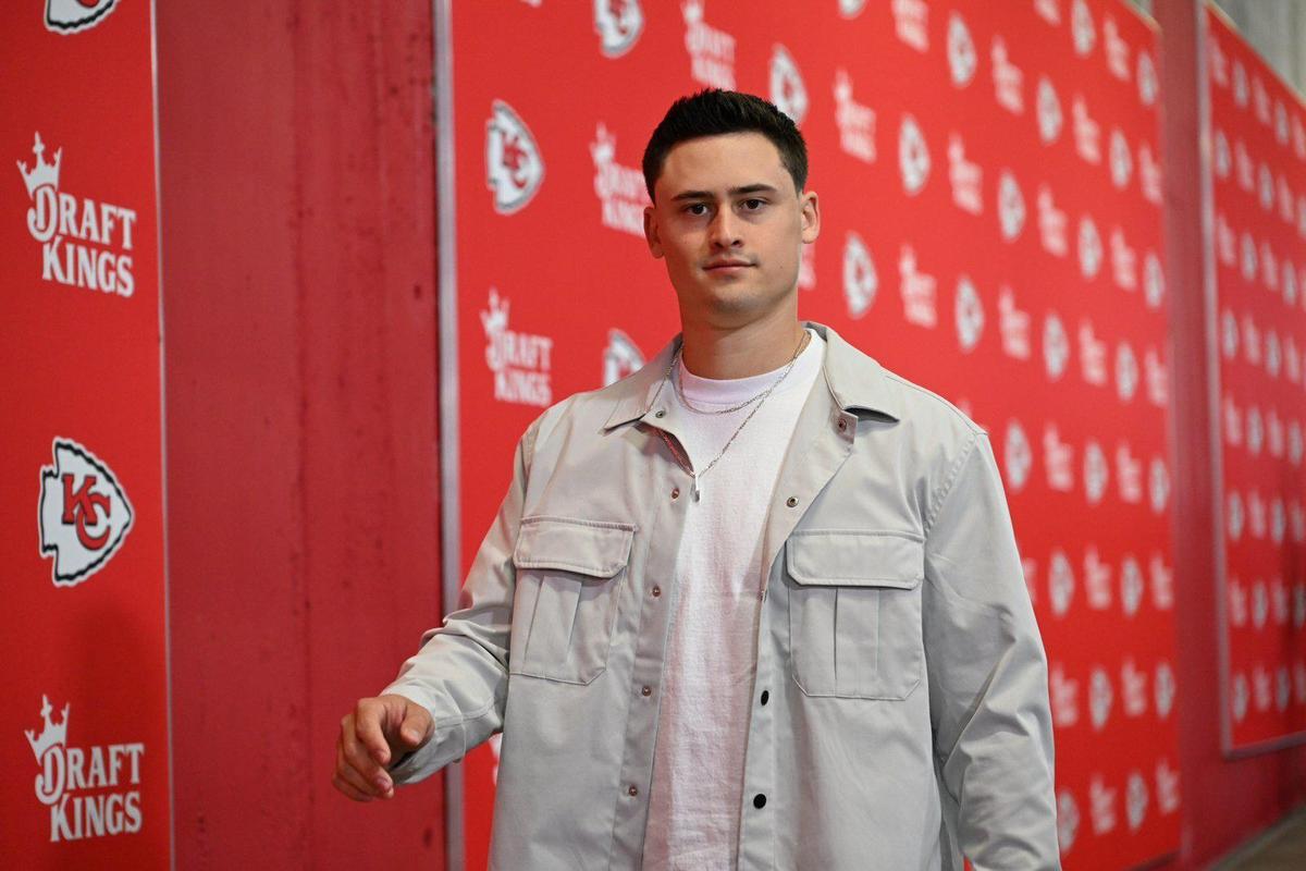 Kansas City Chiefs punter Matt Araiza (14) arrives for the game against the Denver Broncos on Sunday, Nov. 10, 2024, at GEHA Field at Arrowhead Stadium.