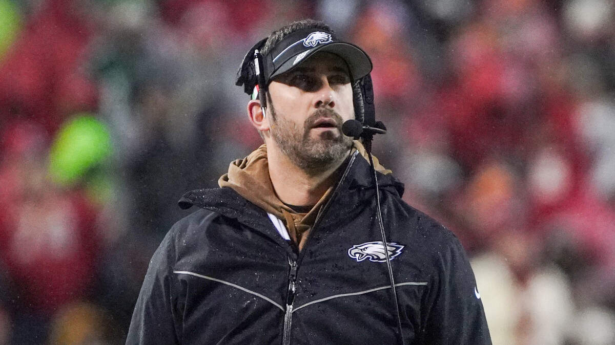 Philadelphia Eagles head coach Nick Sirianni watches the scoreboard against the Kansas City Chiefs during the first half at GEHA Field at Arrowhead Stadium on Nov. 22, 2023.