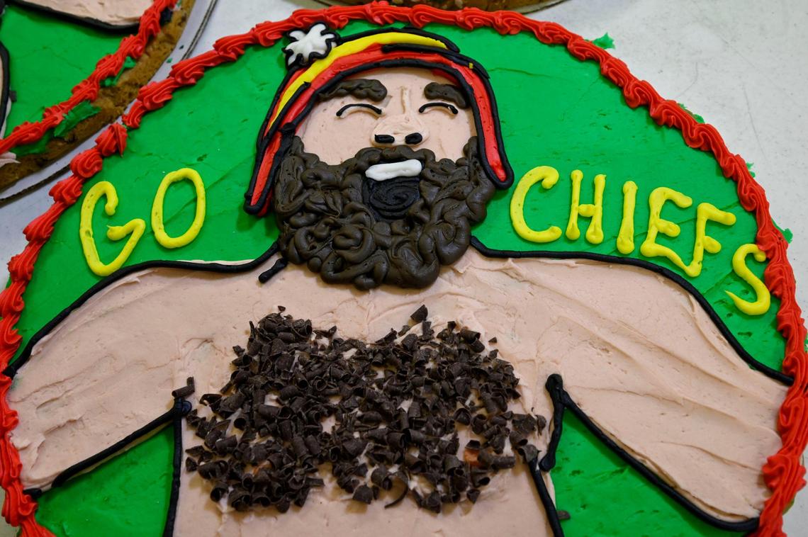 Hannah Stumpner, manager of&nbsp;Eileen’s Colossal Cookies in Liberty, created a design featuring a shirtless, hairy-chested Jason Kelce during his memorable antics at the playoff game between the Chiefs and Buffalo Bills. Chocolate curls are used to create the chest hair.