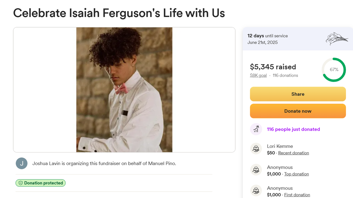 A screenshot of Isaiah Ferguson's GoFundMe, which is raising money for the family of the teen after he unexpectedly died in early June in an Olathe pool..