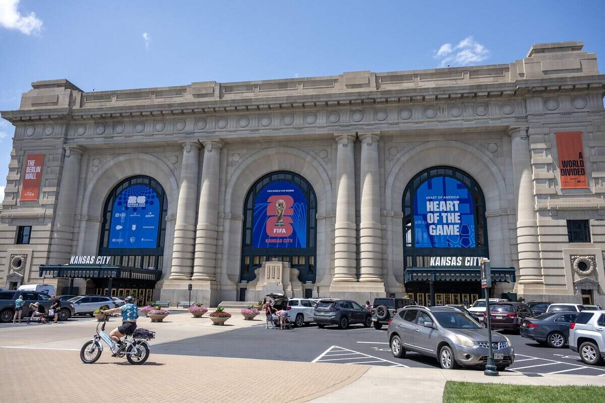 Banners featuring the Kansas City FIFA World Cup logos are seen on display at Union Station on Tuesday, June 9, 2026, in Kansas City.