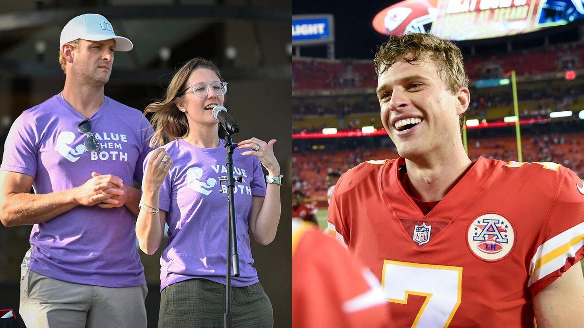 Former longtime Kansas City Chiefs punter Dustin Colquit, left, shown with his wife, Christia Colquitt at an Value Them Both anti-abortion event earlier this year, and current Chiefs kicker Harrison Butker have both made ads asking Kansas voters to vote ÒyesÓ on the abortion amendment on TuesdayÕs ballot.