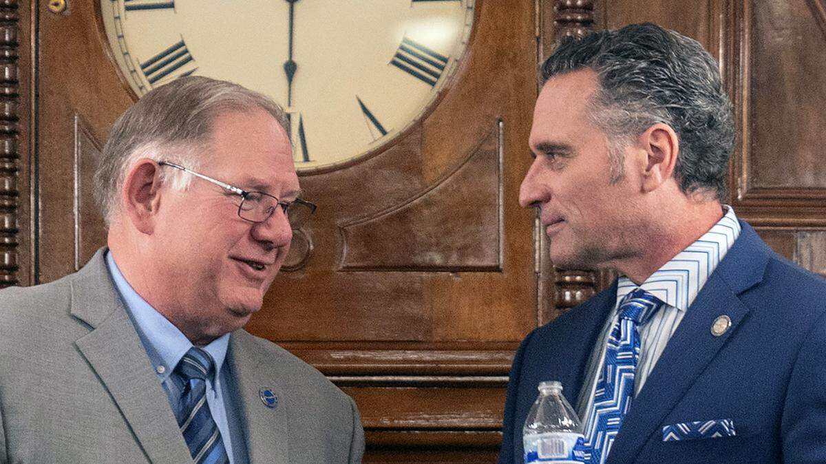 Kansas House Speaker Daniel Hawkins, left, and Senate President Ty Masterson speak before the State of the State address at the Kansas State Capital on Wednesday, Jan. 10, 2024, in Topeka, Kansas.