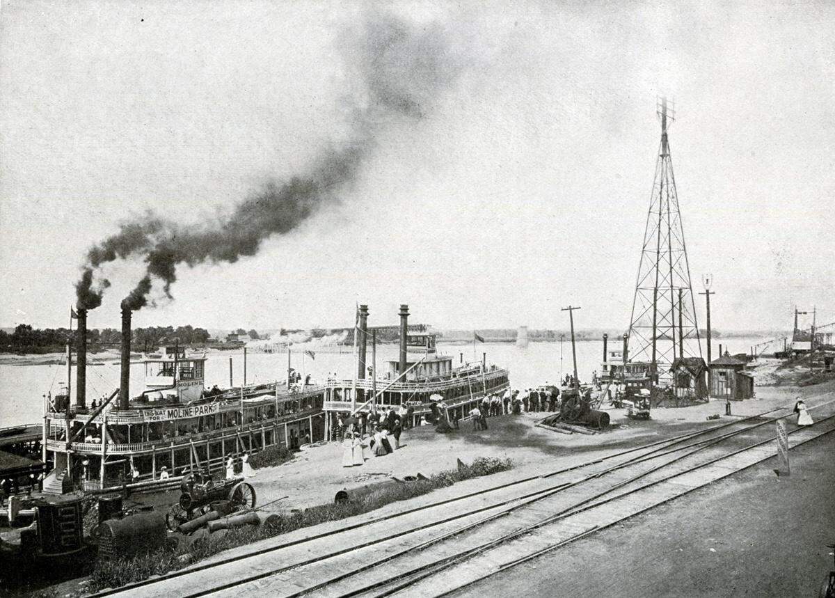 Ships docked along the limestone ledge at the foot of Main Street once known as Westport Landing, 1908.