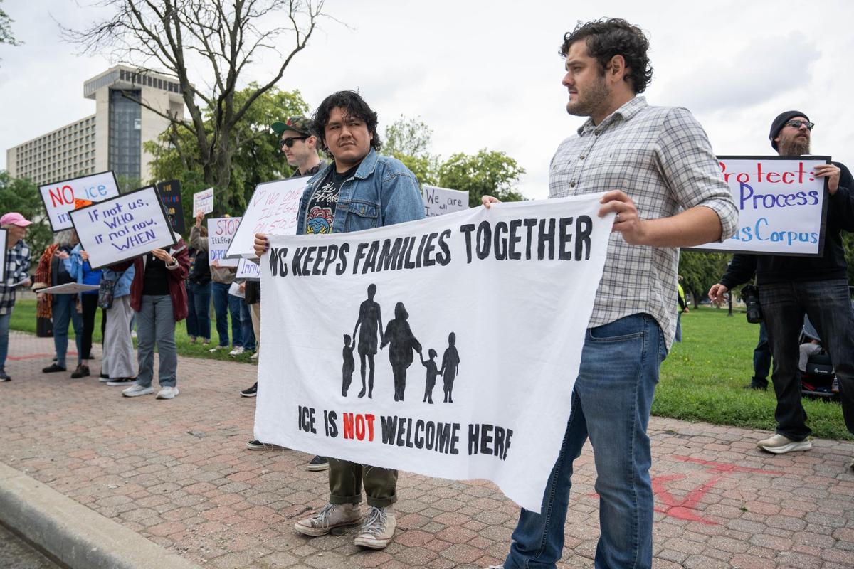 Around 50 protesters gathered outside a federal immigration courthouse in downtown Kansas City on Tuesday, May 27, 2025.