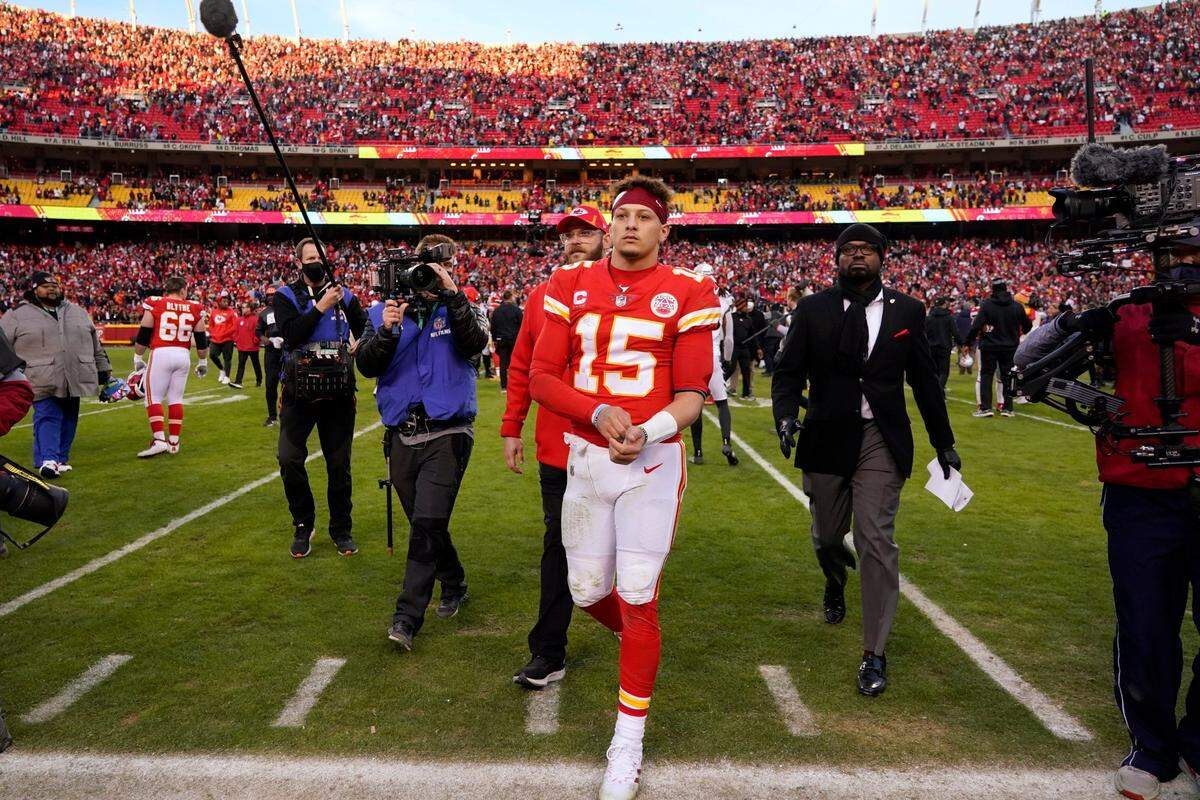 Quarterback Patrick Mahomes walks off the field at the end of the Chiefs’ AFC Championship Game loss to the Bengals in overtime in 2022 at Arrowhead Stadium.