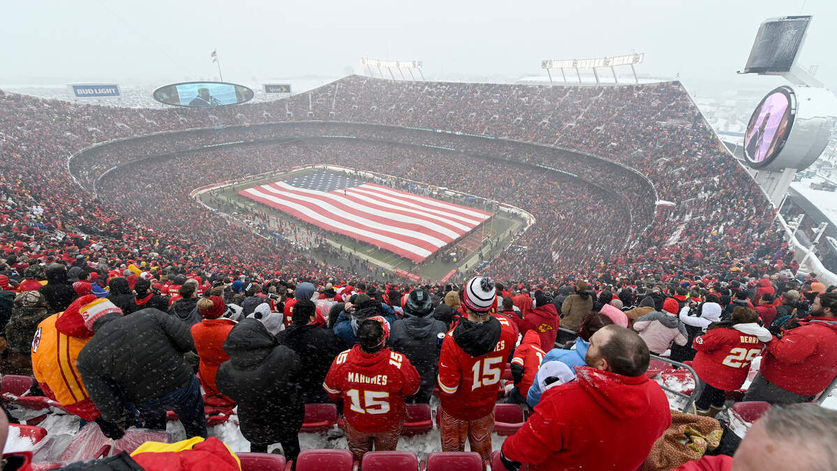 Chiefs fans stand for the national anthem before a 2019 playoff game against the Indianapolis Colts at Arrowhead Stadium in Kansas City. That’s Kansas City, Missouri.
