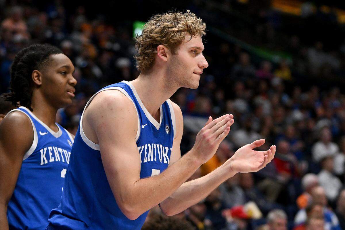 NASHVILLE, TENNESSEE - MARCH 12: Collin Chandler #5 of the Kentucky Wildcats celebrates against the Missouri Tigers during the first half in the second round of the 2026 SEC Men's Basketball Tournament at Bridgestone Arena on March 12, 2026 in Nashville, Tennessee. (Photo by Carly Mackler/Getty Images)