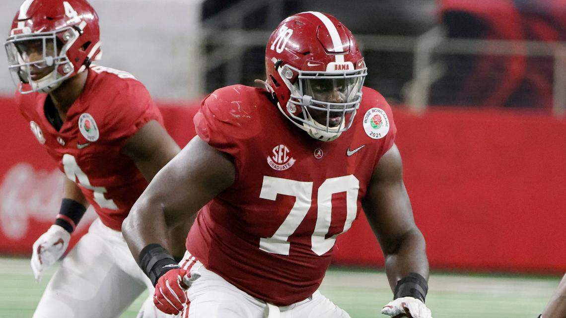 FILE - Alabama offensive lineman Alex Leatherwood (70) prepares to block against Notre Dame during the Rose Bowl NCAA college football game in Arlington, Texas, in this Friday, Jan. 1, 2021, file photo. The Kansas City Chiefs already have spent the offseason rebuilding an offensive line ravaged by injuries and then dominated by Tampa Bay in the Super Bowl. But there is still work to be done, and the next opportunity to provide some help up front for quarterback Patrick Mahomes is the NFL draft.(AP Photo/Michael Ainsworth, File)