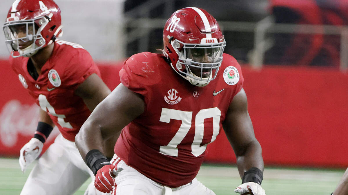 FILE - Alabama offensive lineman Alex Leatherwood (70) prepares to block against Notre Dame during the Rose Bowl NCAA college football game in Arlington, Texas, in this Friday, Jan. 1, 2021, file photo. The Kansas City Chiefs already have spent the offseason rebuilding an offensive line ravaged by injuries and then dominated by Tampa Bay in the Super Bowl. But there is still work to be done, and the next opportunity to provide some help up front for quarterback Patrick Mahomes is the NFL draft.(AP Photo/Michael Ainsworth, File)