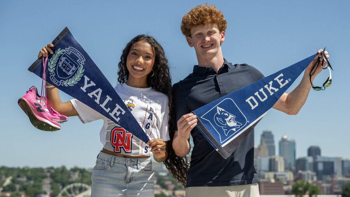 Scholar-Athlete Award recipients Avani Hocker Singh, left, and Sam Hennenfent pose for a portrait on Monday, June 15, 2026, in Kansas City.