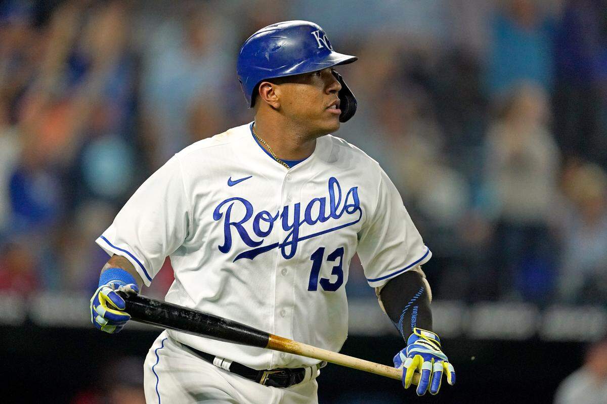 Royals catcher Salvador Perez watches the flight of his three-run homer against Cleveland Wednesday evening at Kauffman Stadium.
