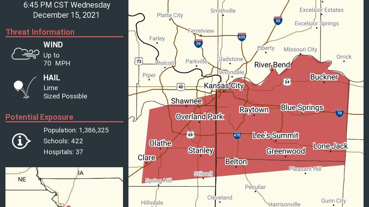 The National Weather Service has issued a severe thunderstorm warning for the Kansas City area that could include lime-sized hail.