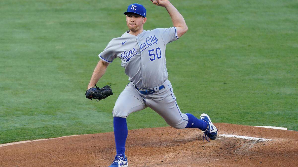 Kansas City Royals starting pitcher Kris Bubic (50) throws during the first inning of a baseball game against the Los Angeles Angels Tuesday, June 8, 2021, in Los Angeles, Calif. (AP Photo/Ashley Landis)
