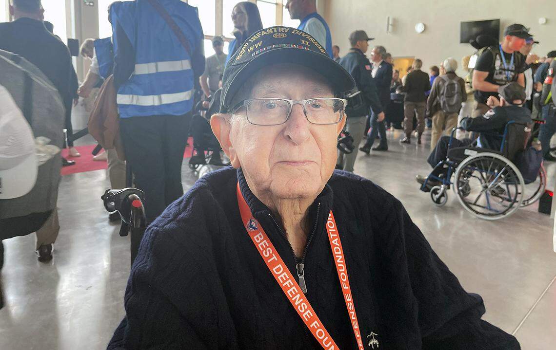 World War II veteran Chet Hochan, honored for his service at a reception in Normandy, France. At 18, he was shot in the neck and taken prisoner in Saint-Malo.
