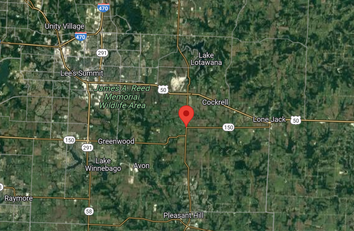 The location of the log cabin-style home at 13708 South Missouri 7 Highway is seen on Google Maps. 