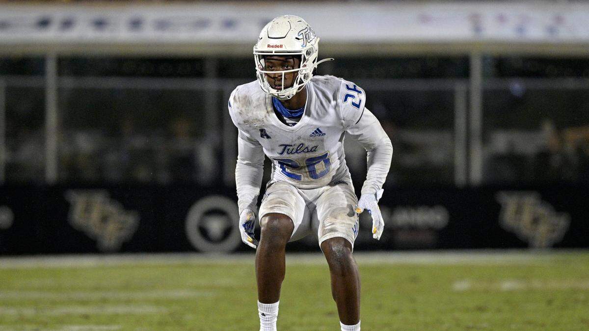 Tulsa cornerback Akayleb Evans (26) follows a play during the second half of an NCAA college football game against Central Florida, Saturday, Oct. 3, 2020, in Orlando, Fla. (AP Photo/Phelan M. Ebenhack)