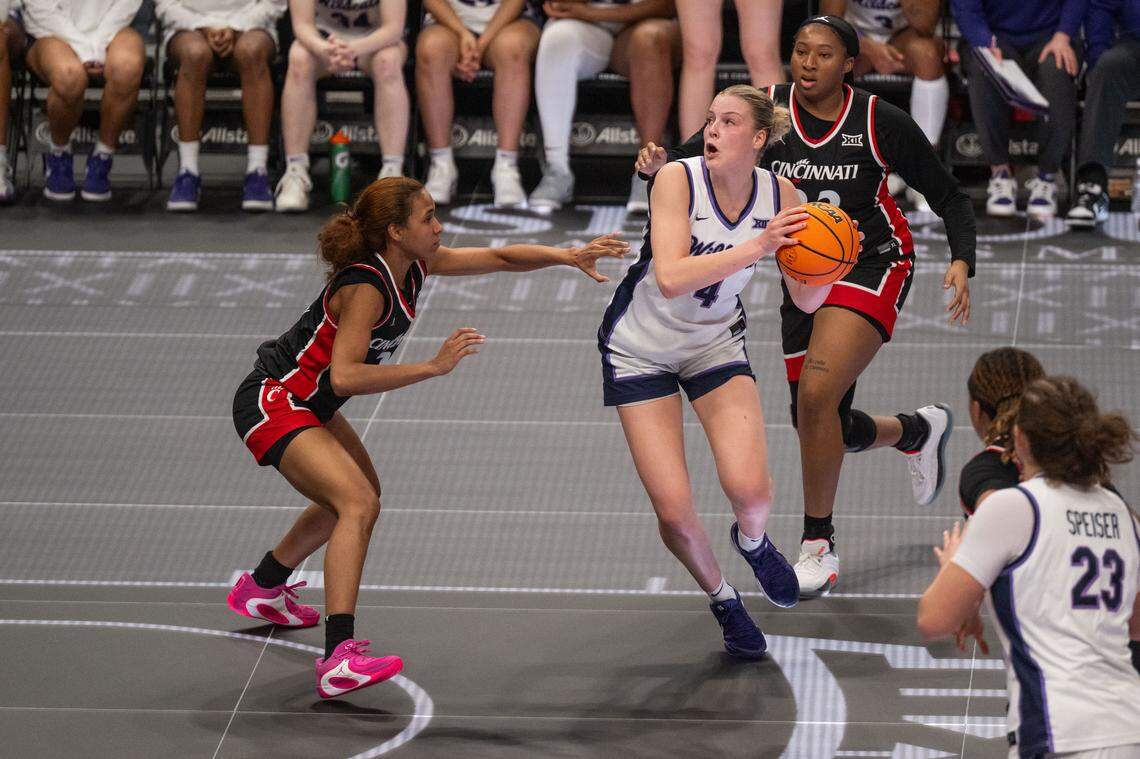 Kansas State forward Nastja Claessens (4) looks to shoot during the second half of the Wildcats’ first-round game vs. the Cincinnati Bearcats in the Big 12 Women’s Basketball Tournament.