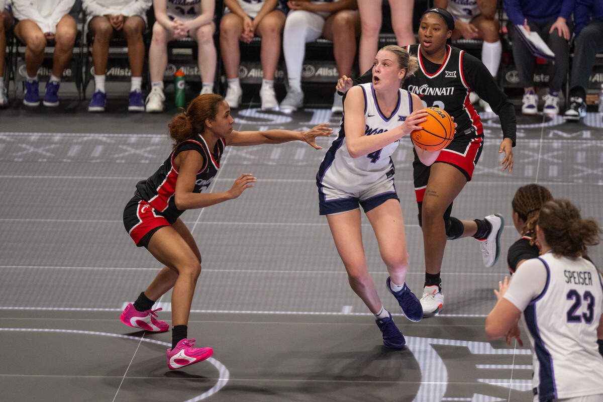 Kansas State forward Nastja Claessens (4) looks to shoot during the second half of the Wildcats’ first-round game vs. the Cincinnati Bearcats in the Big 12 Women’s Basketball Tournament.