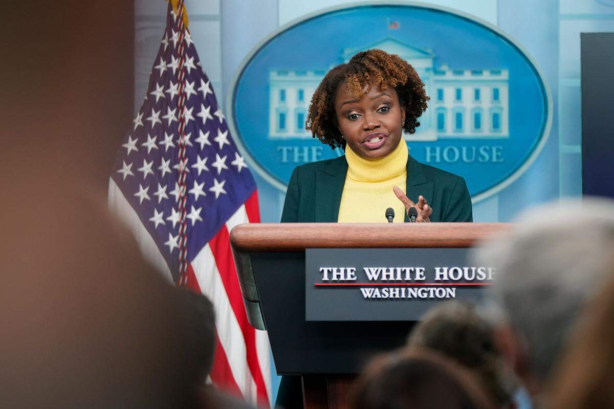 FILE - White House deputy press secretary Karine Jean-Pierre speaks during a press briefing at the White House, Monday, Feb. 14, 2022, in Washington. President Joe Biden on Thursday, May 5, named Karine Jean-Pierre to be the next White House press secretary, with incumbent Jen Psaki set to leave the role next week.(AP Photo/Patrick Semansky, File)