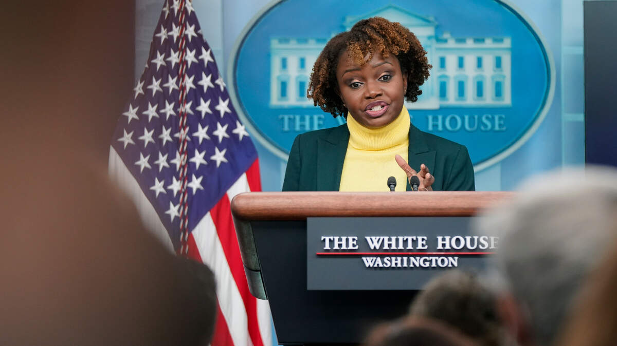 FILE - White House press secretary Karine Jean-Pierre speaks during a press briefing at the White House, Monday, Feb. 14, 2022.(AP Photo/Patrick Semansky, File)