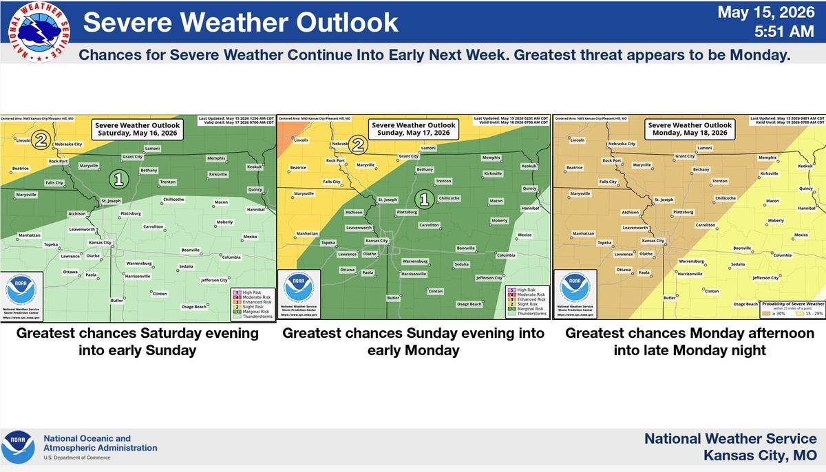 The chance for severe weather continues over the weekend and into early next week, the National Weather Service. There area’s best chance for severe weather is Monday afternoon and night.