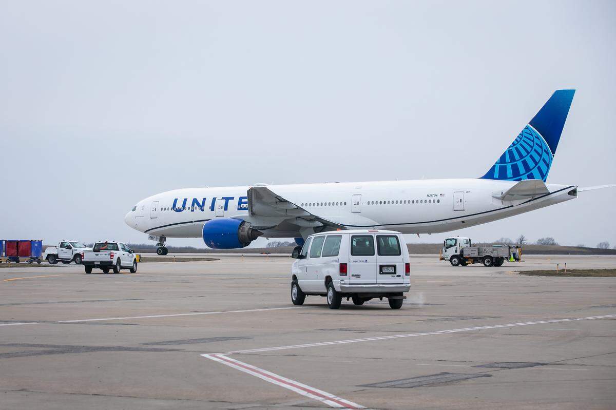 A chartered United flight is taxiing on the runway with the Kansas City Chiefs on their way to Las Vegas for Super Bowl LVIII on Sunday February 4, 2024 at KCI Airport in Kansas City, Missouri.