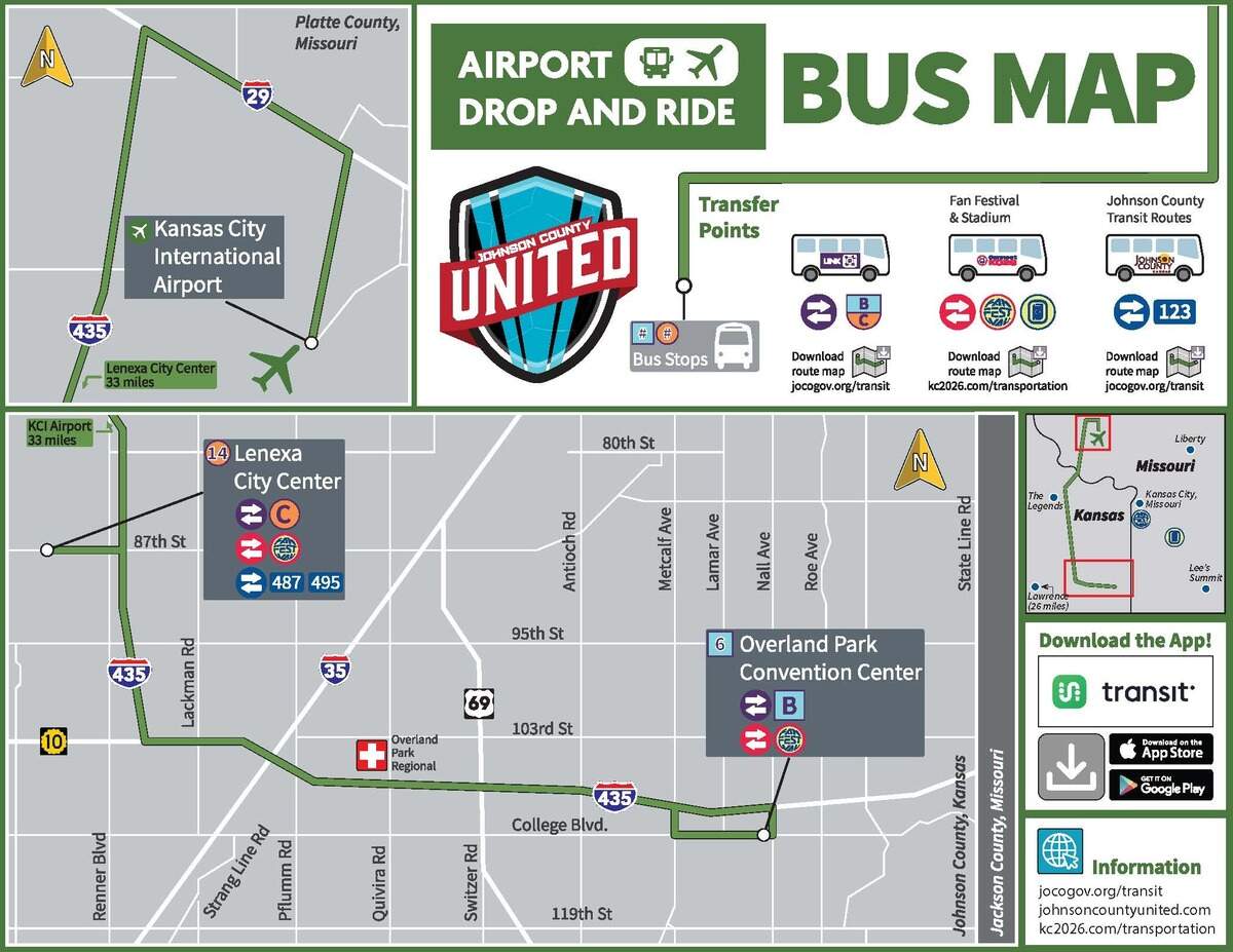 A map of the Johnson County United Airport Drop and Ride service route from Overland Park to Lenexa to the Kansas City International Airport.