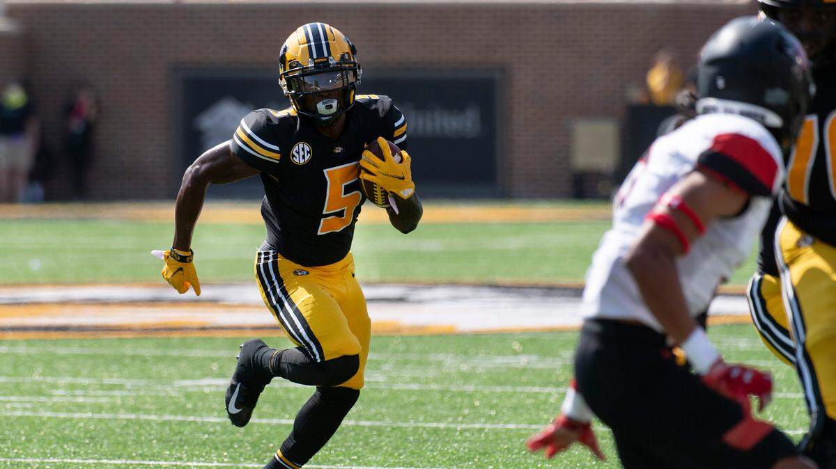 Missouri wide receiver Mookie Cooper runs after a reception during the first quarter of an NCAA college football game against Southeast Missouri State Saturday, Sept. 18, 2021, in Columbia, Mo. (AP Photo/L.G. Patterson)