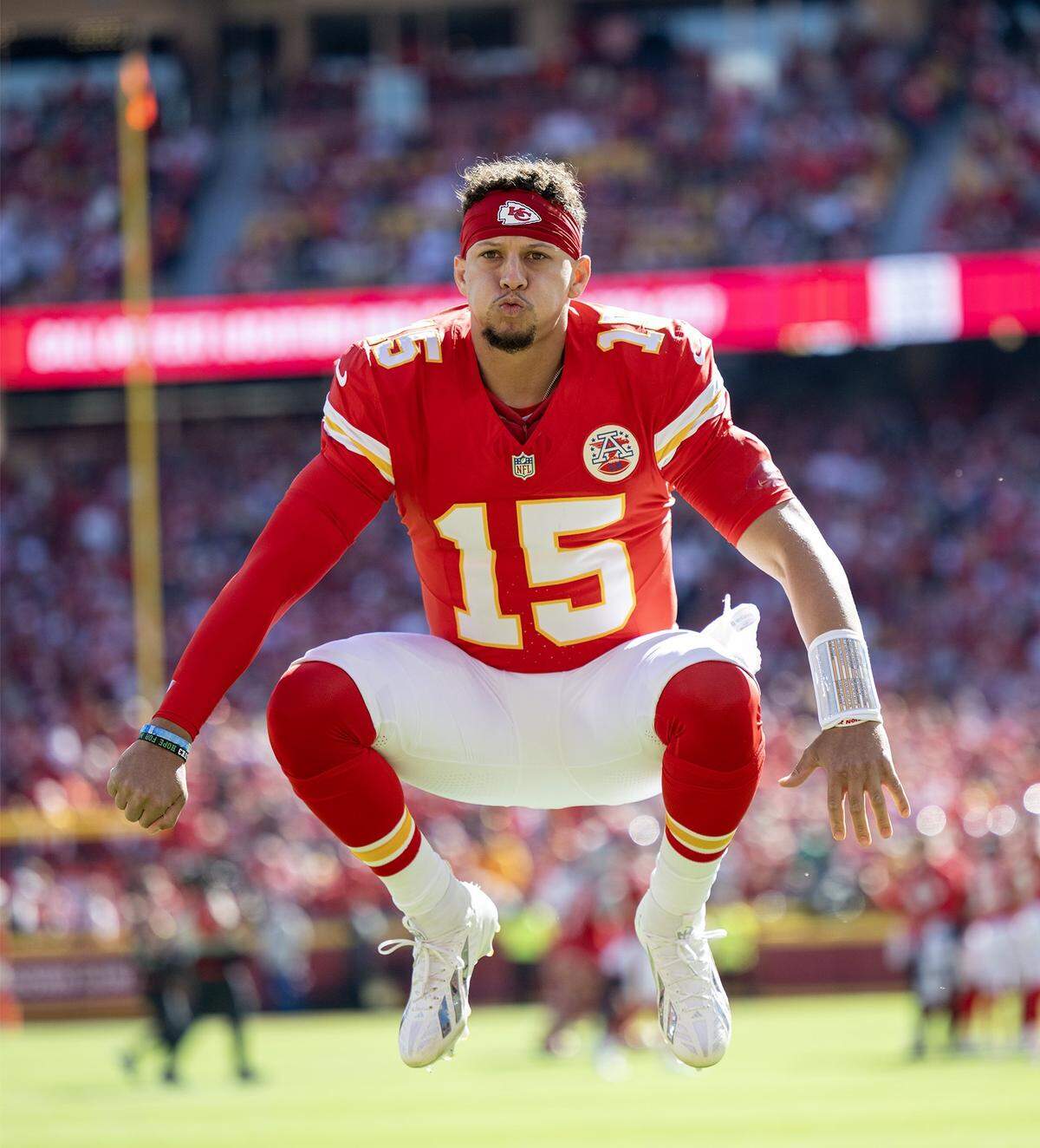 Kansas City Chiefs quarterback Patrick Mahomes (15) gets fired up before the game against the Las Vegas Raiders on Sunday, October 19, 2025, at GEHA Field at Arrowhead Stadium in Kansas City.