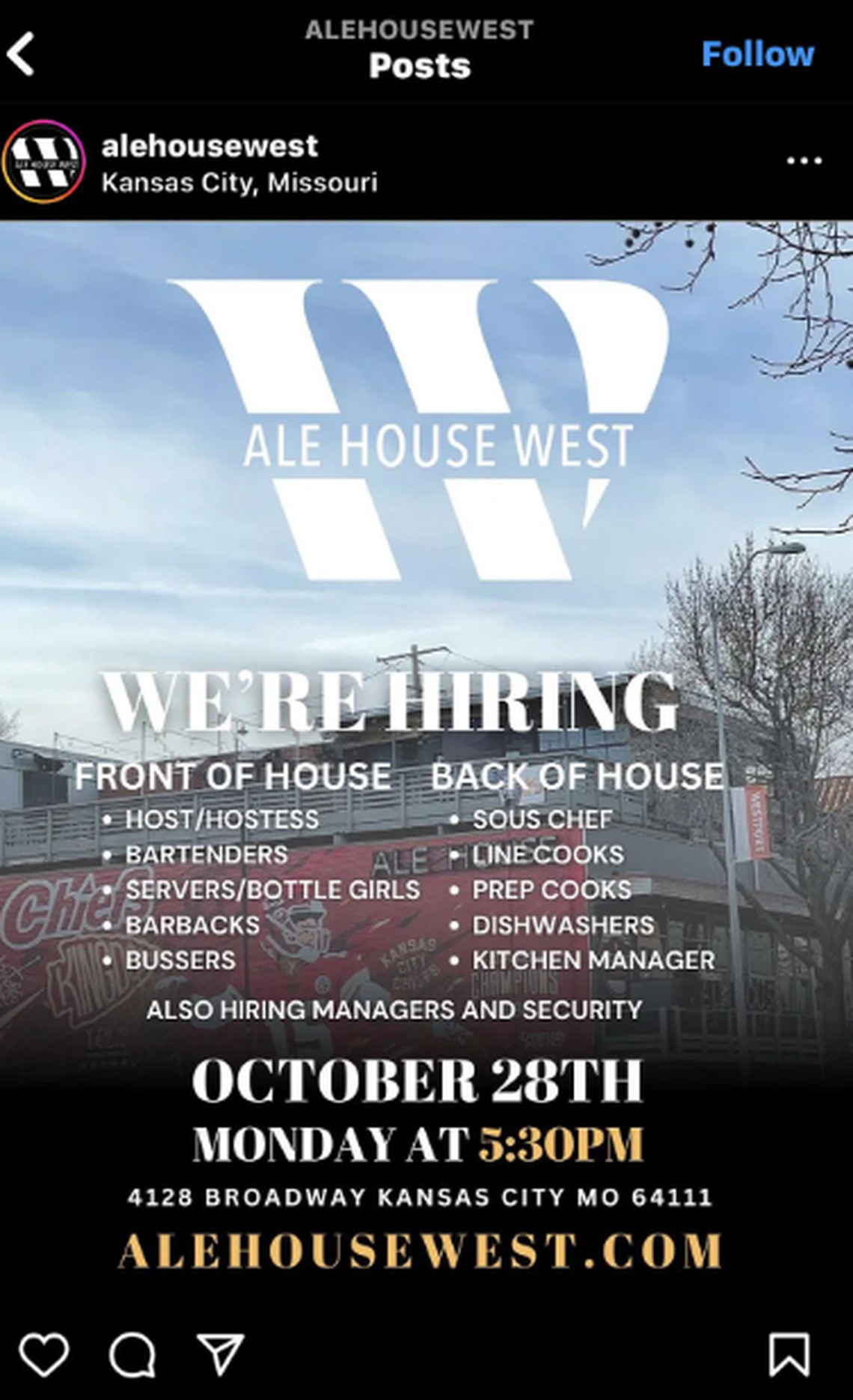 A 2024 announcement advertised a hiring fair at Ale House West. The post and account have since been deleted.