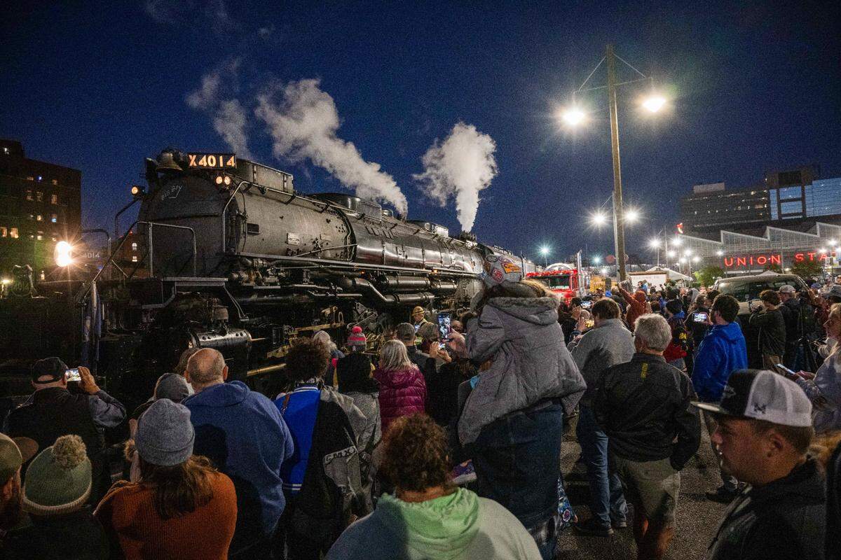 Train enthusiasts gathered at Union Station in Kansas City Tuesday night to see the arrival of Union Pacific’s Big Boy No. 4014 steam locomotive. The 1.2 million-pound, 132-foot long engine is the largest operating steam locomotive in the world. The engine, which was first put into service in 1941, is nearing the end of a 10-state tour. It’s scheduled to depart Union Station at 9 a.m. Thursday and head to its next overnight stop in Salina, Kansas.