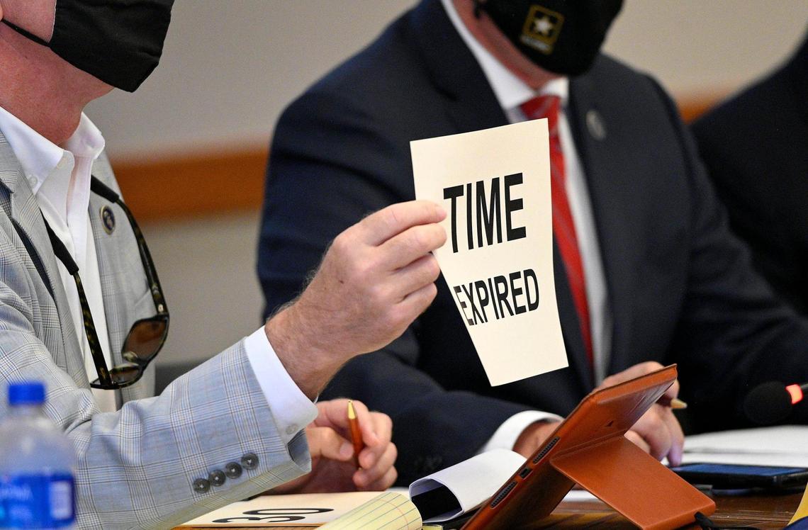 Speakers had two minutes each to address Kansas legislators during a town hall on redistricting at the Matt Ross Community Center in Overland Park Thursday, Aug. 12, 2021. Fourteen town halls were scheduled across the state as part of a “listening tour” intended to get public input on the upcoming process of redistricting state and Congressional districts. This was their only Johnson County stop.