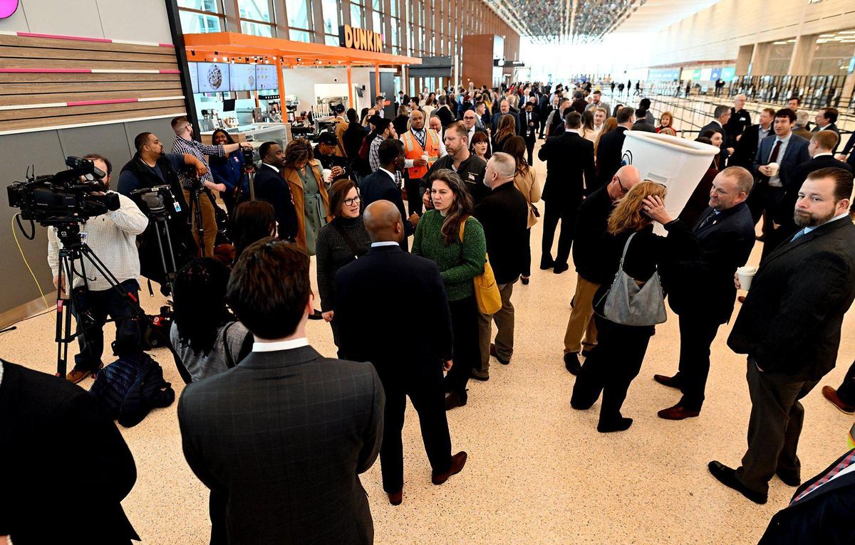 City and state officials from both side of the state line, contractors, airport employees and dignitaries gathered Monday morning in the new terminal at KCI. Sectretary of Transportation Pete Buttigieg spoke prior to a ribbon cutting ceremony. The new terminal project broke ground in March 2019 and remains within its $1.5B budget and is on schedule for opening Tuesday, February 28. Monday marks the last day of operation of terminals B and C at the old facility.