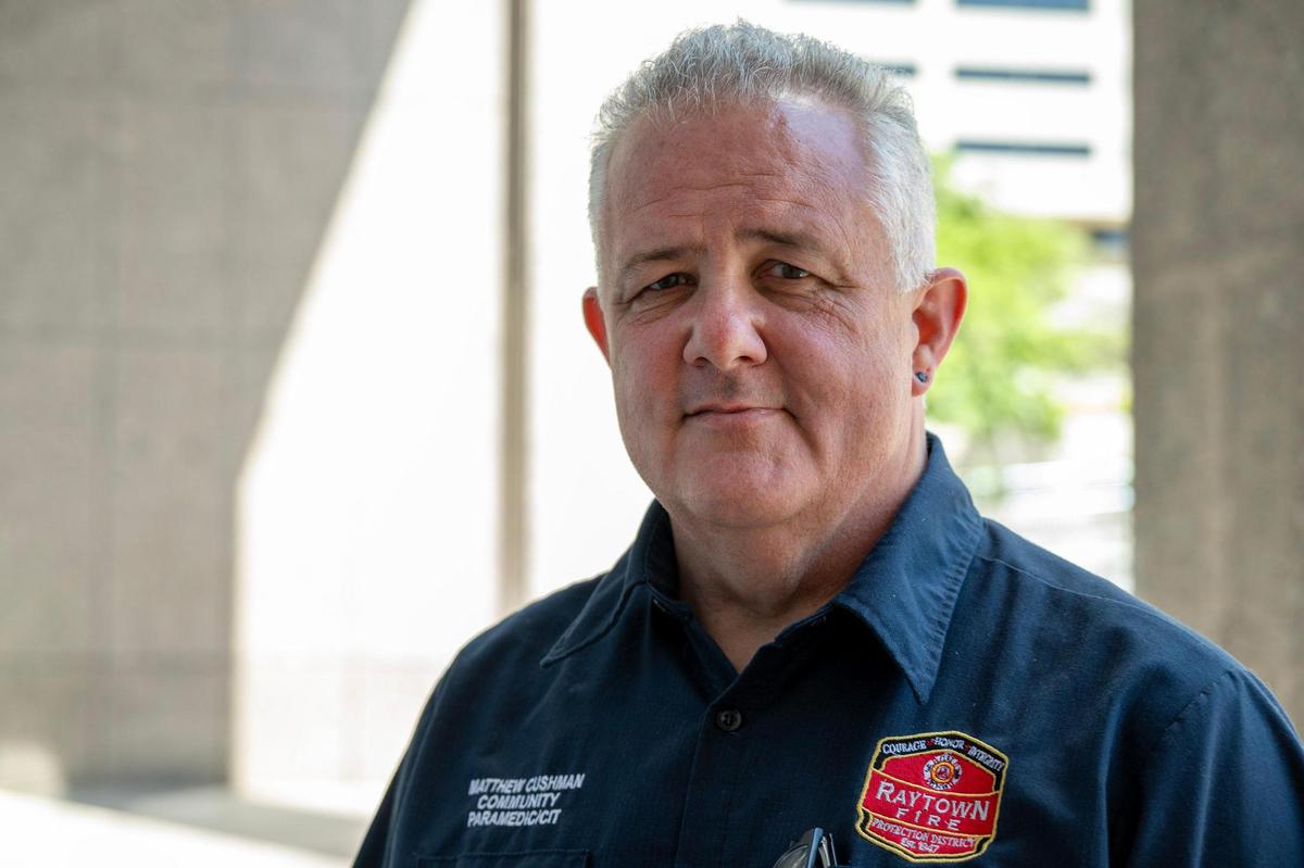 Community Paramedic Matt Cushman of the Raytown Fire Protection District stands for a portrait on Monday, May 12, 2025, in Kansas City. Cushman helps train first responders to recognize and respond to opioid overdoses as part of a program facing potential funding cuts.