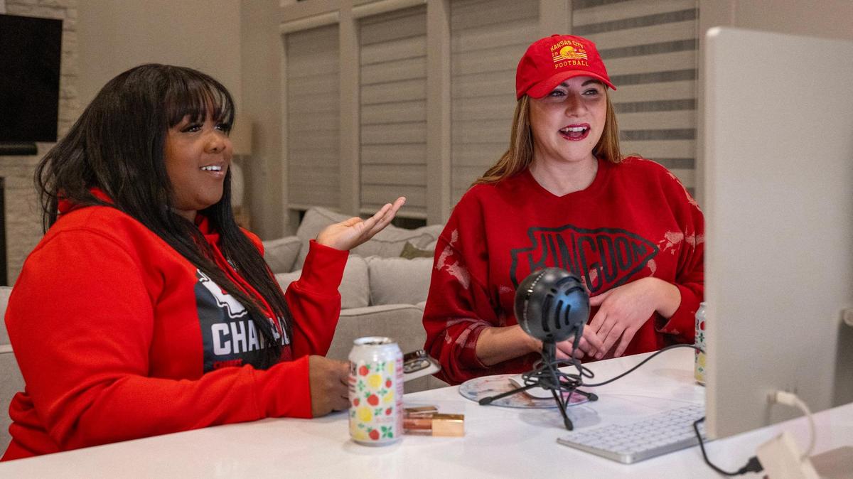 Jodi Newsome, left, and Lexi Osborne, co-hosts of The Kingdom’s Queens Podcast, record an episode for the third season of their female hosted show centered around The Kansas City Chiefs.