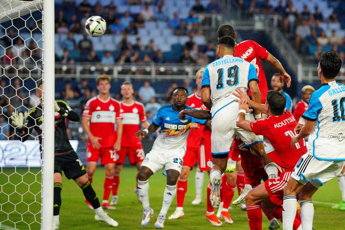 Sporting Kansas City defender Robert Castellanos (No. 19) heads in a first-half goal against the Chicago Fire during Sunday night’s Leagues Cup match between the MLS foes at Children’s Mercy Park in Kansas City, Kan.