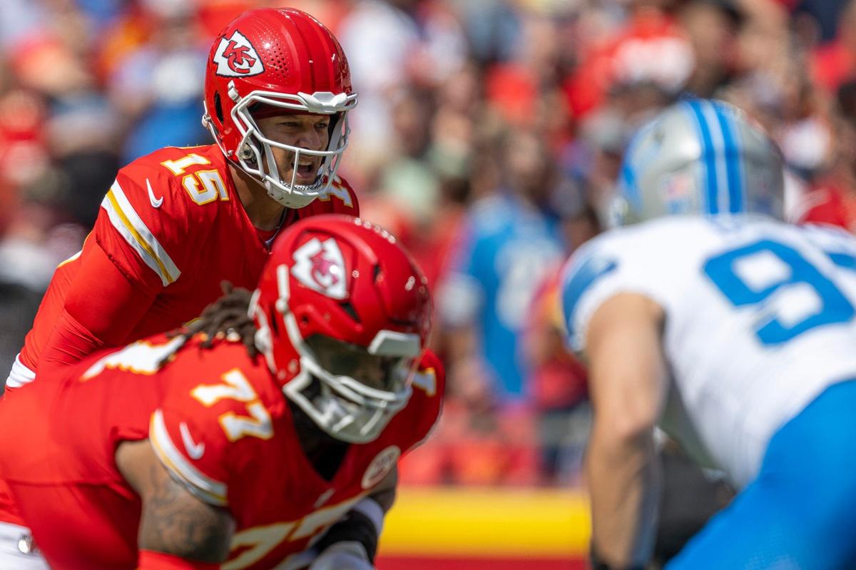 Kansas City Chiefs quarterback Patrick Mahomes (15) calls out a play in the first quarter Saturday, Aug. 17, 2024, against the Detroit Lions at GEHA Field at Arrowhead Stadium.