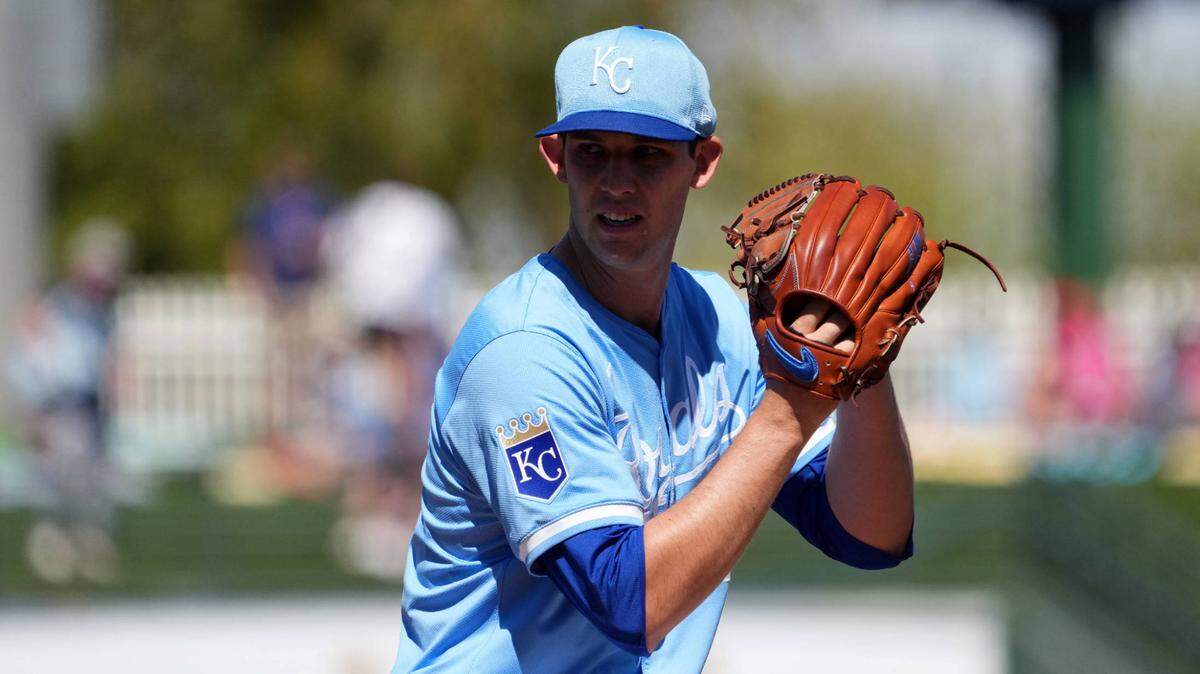 Kansas City Royals starting pitcher Daniel Lynch IV (41) pitches against the Los Angeles Angels during the first inning at Surprise Stadium on March 13, 2024 in Surprise, Arizona.