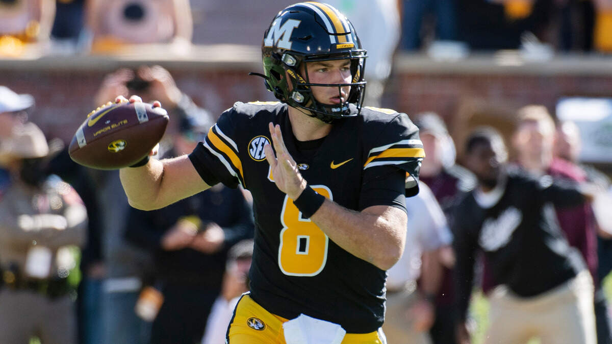 Missouri quarterback Connor Bazelak throws a pass during the first quarter of an NCAA college football game against Texas A&M Saturday, Oct. 16, 2021, in Columbia, Mo. (AP Photo/L.G. Patterson)
