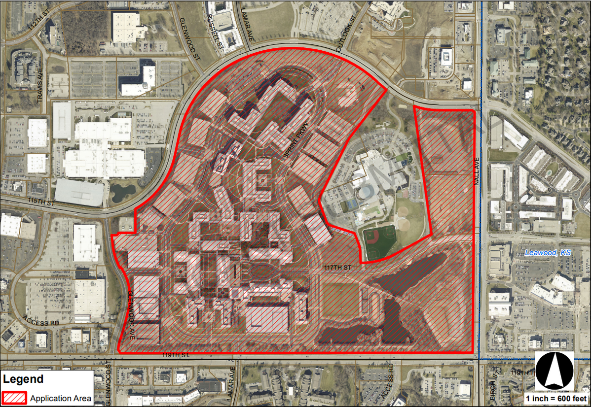This map shows the outlined mixed-use development proposal at the northwest corner of 119th Street and Nall Avenue on the Aspiria Campus, formerly Sprint.