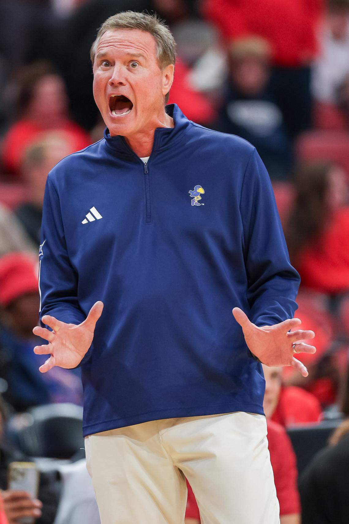 LOUISVILLE, KENTUCKY - OCTOBER 24: Head coach Bill Self of the Kansas Jayhawks talks to a referee during the second half of the NCAA exhibition game between the Louisville Cardinals and Kansas Jayhawks at KFC YUM! Center on October 24, 2025 in Louisville, Kentucky. (Photo by Michael Hickey/Getty Images)