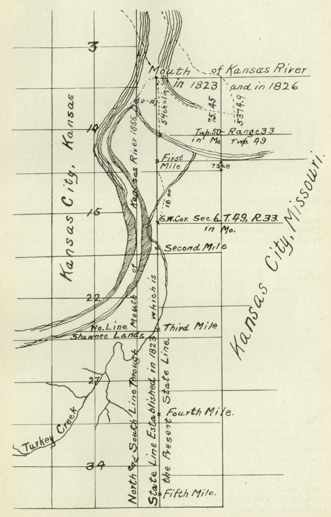 Map drawn by William E. Connelley to illustrate the differences between Brown’s 1823 meridian line where it would have been placed based upon the location of the Kaw during the 1855 survey of the Kansas-Nebraska Territory, 1884