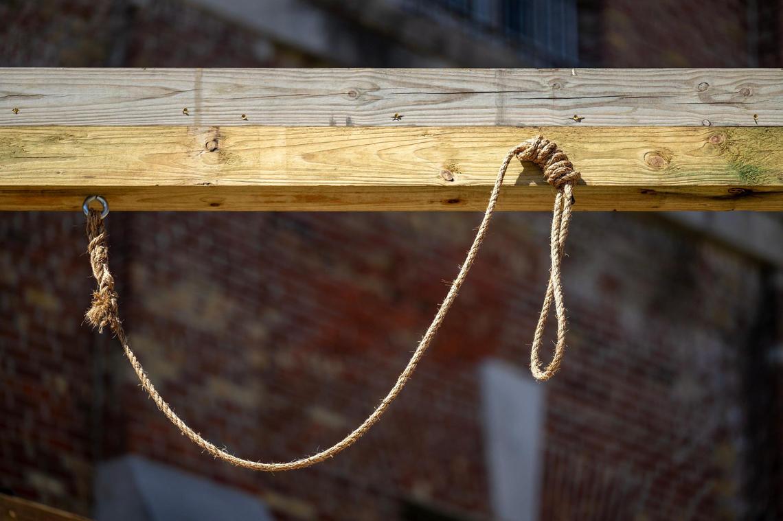 A noose hangs from a reproduction of the gallows which were used at the former Kansas State Penitentiary from 1944 to 1965. The gallows, which were recently constructed by members of the Lansing Historical Society and Museum, were seen during a tour of the prison on Friday, May 16, 2025, in Lansing, Kansas.