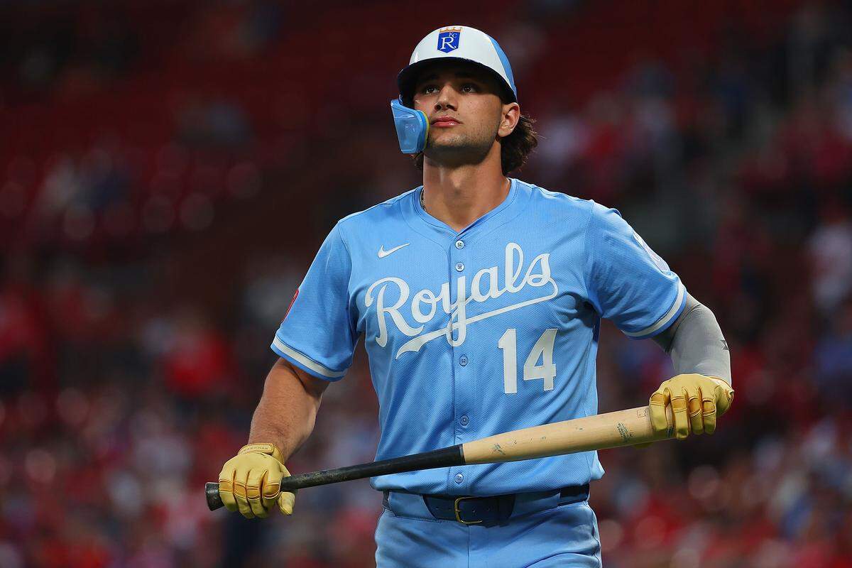 Jac Caglianone #14 of the Kansas City Royals returns to the dugout after striking out against the St. Louis Cardinals in the fifth inning during game two of a doubleheader at Busch Stadium on June 5, 2025 in St Louis, Missouri.