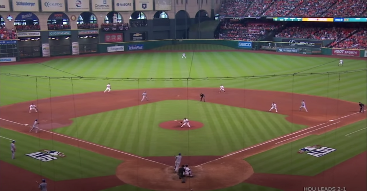Houston Astros’ defensive alignment when Kendrys Morales’ grounder hit off pitcher Tony Sipp’s glove.