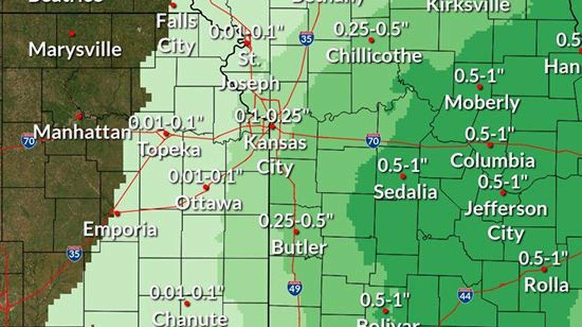 Rain is expected to move into the Kansas City area Thursday morning, with the metro receiving less than a quarter of an inch. The heaviest rain is expected to fall across central Missouri, where three-quarters of an inch of rain is expected, according to the National Weather Service.