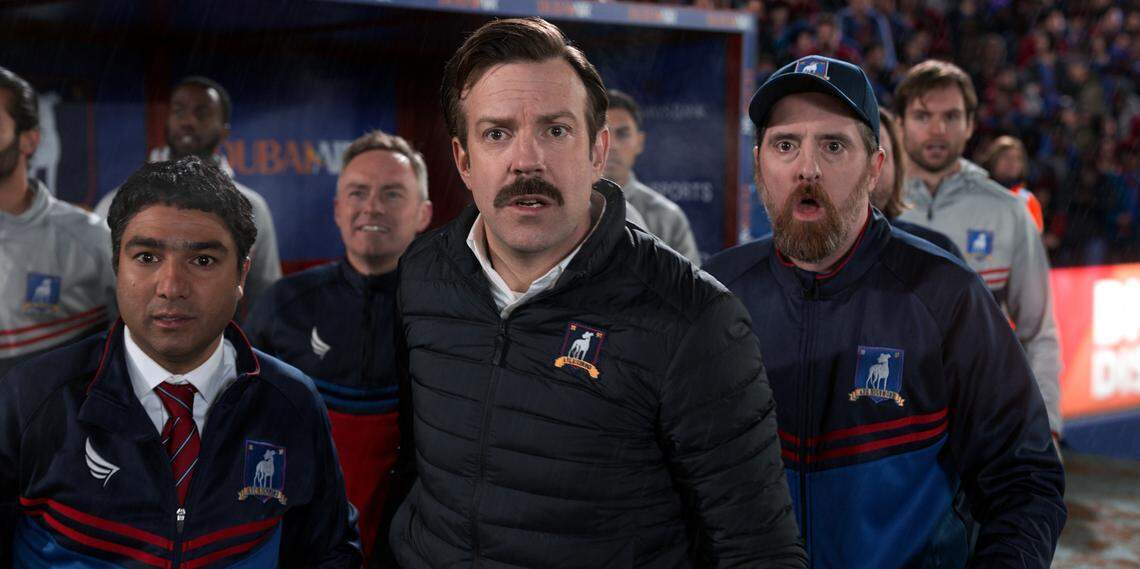 You may be shocked to learn that Jason Sudeikis, center, envisions only three seasons for “Ted Lasso.” Season two debuts July 23. He stars with Nick Mohammed, left, and Brendan Hunt.