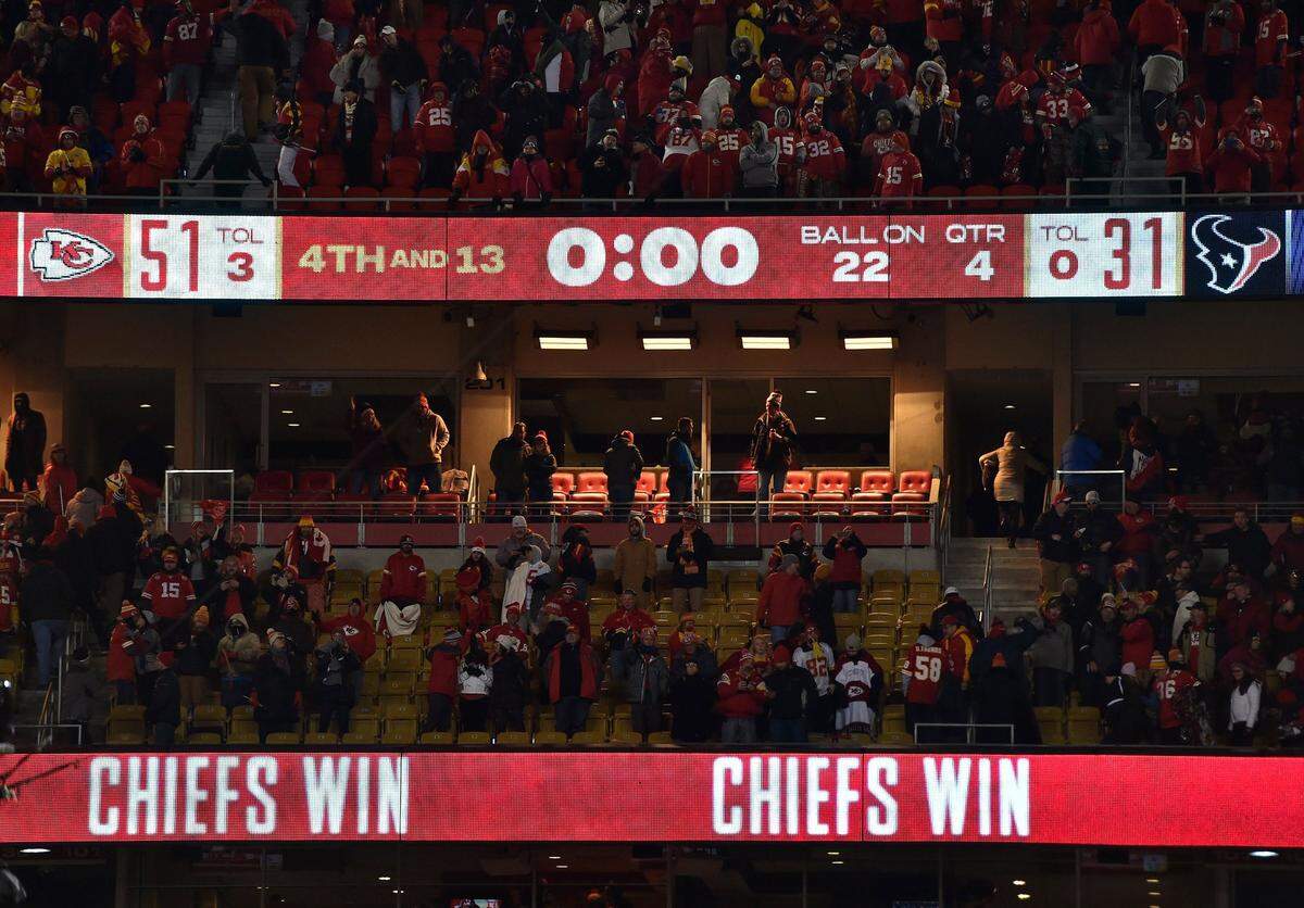 The scoreboard shows the final result in the AFC Divisional Playoff game between the Kansas City Chiefs and the Houston Texans at Arrowhead Stadium on Jan. 12, 2020.