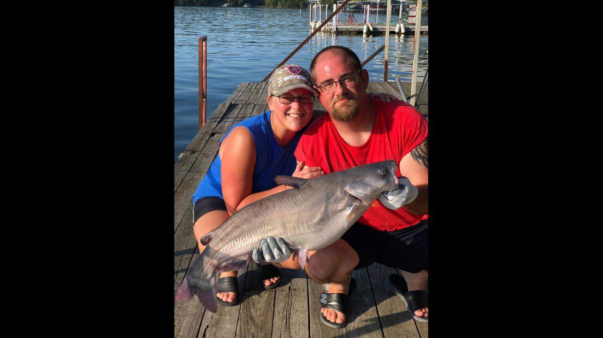 Thomas Wicker and his fiance, Clarissa, landed this 17.-pound catfish on Lake of the Ozarks using a 5-inch live bluegill.